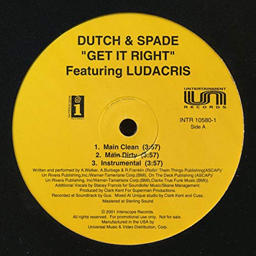 Dutch & Spade - Get It Right feat Ludacris (12" Promo) VG+