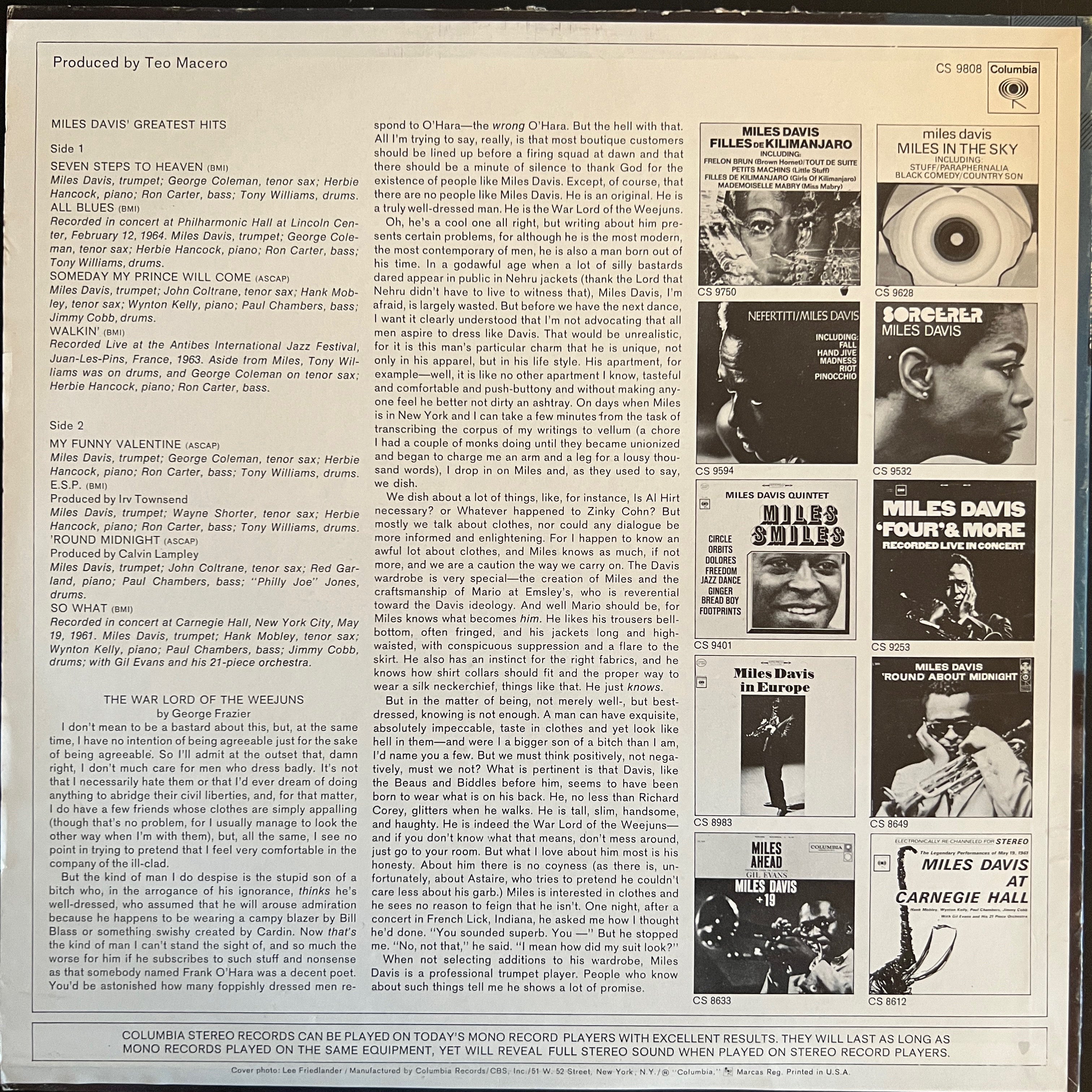 Miles Davis - Greatest Hits Vinyl LP (Columbia, Santa Maria Pressing CS9809) VG+